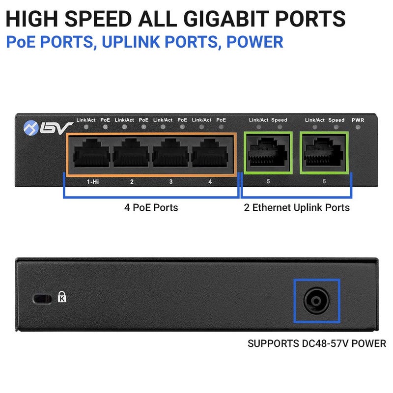 BV-Tech 6 Port PoE+ Switch 4 PoE+ Gigabit Ports with 2 Gigabit Uplink â€“ 60W â€“ 802.3at + 1 High PowerPort | Desktop Fanless Design | Sturdy Metal Housing - Image 4